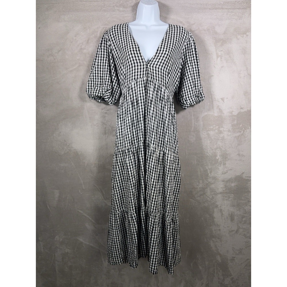 Faithfull The Brand Aberdeen Midi Dress Womens 8 White Black Gingham Puff Sleeve